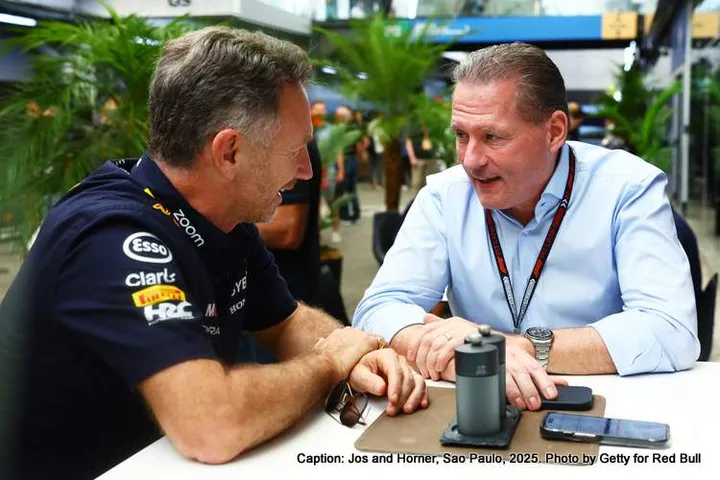 SAO PAULO, BRAZIL - NOVEMBER 01: Oracle Red Bull Racing Team Principal Christian Horner talks to Jos Verstappen in the Paddock during practice ahead of the F1 Grand Prix of Brazil at Autodromo Jose Carlos Pace on November 01, 2024 in Sao Paulo, Brazil. (Photo by Mark Thompson/Getty Images) // Getty Images / Red Bull Content Pool // SI202411010440 // Usage for editorial use only //