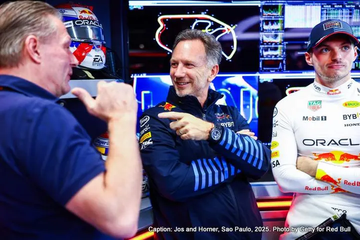SAO PAULO, BRAZIL - NOVEMBER 02: Oracle Red Bull Racing Team Principal Christian Horner, Max Verstappen of the Netherlands and Oracle Red Bull Racing and Jos Verstappen talk in the garage as they await the start of qualifying ahead of the F1 Grand Prix of Brazil at Autodromo Jose Carlos Pace on November 02, 2024 in Sao Paulo, Brazil. (Photo by Mark Thompson/Getty Images) // Getty Images / Red Bull Content Pool // SI202411020496 // Usage for editorial use only //