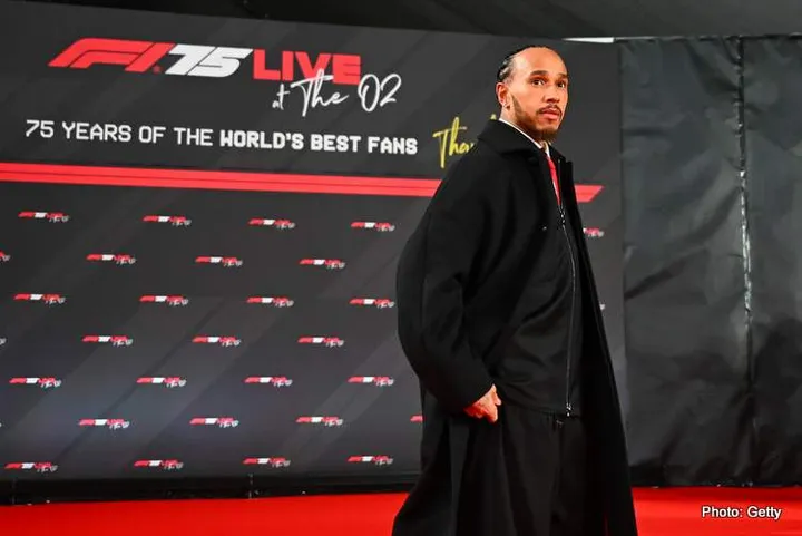 LONDON, ENGLAND - FEBRUARY 18: Lewis Hamilton of Great Britain and Scuderia Ferrari poses for a photo as he attends F1 75 Live at The O2 Arena on February 18, 2025 in London, England. (Photo by Mark Sutton - Formula 1/Formula 1 via Getty Images)