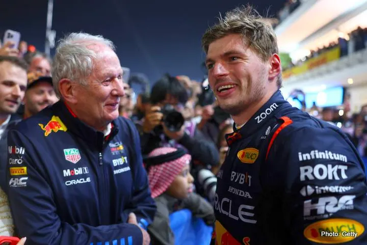 LUSAIL CITY, QATAR - DECEMBER 01: Race winner Max Verstappen of the Netherlands and Oracle Red Bull Racing and Oracle Red Bull Racing Team Consultant Dr Helmut Marko celebrate in parc ferme during the F1 Grand Prix of Qatar at Lusail International Circuit on December 01, 2024 in Lusail City, Qatar. (Photo by Mark Thompson/Getty Images) // Getty Images / Red Bull Content Pool // SI202412010305 // Usage for editorial use only //