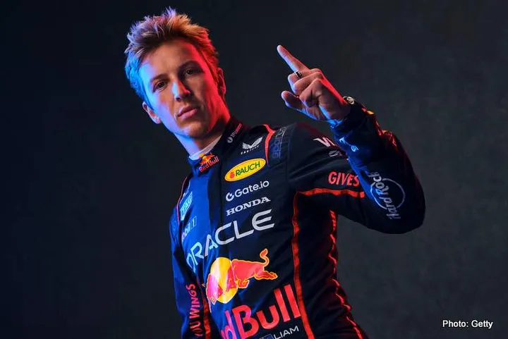 Liam Lawson poses during the Oracle Red Bull Racing brand shoot, while wearing the 2025 Sparco Race suit on February 16, 2025 // Will Cornelius / Content Pool // SI202502160412 // Usage for editorial use only //