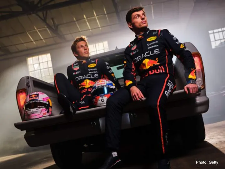 Max Verstappen and Liam Lawson pose on the back of a pick up, in the new 2025 Sparco Racesuit on February 16, 2025 // Will Cornelius / Content Pool // SI202502160423 // Usage for editorial use only //