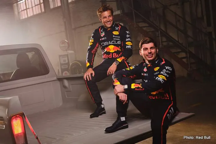Max Verstappen and Liam Lawson pose on the back of a pick up, in the new 2025 Sparco Racesuit on February 16, 2025 // Will Cornelius / Content Pool // SI202502160425 // Usage for editorial use only //