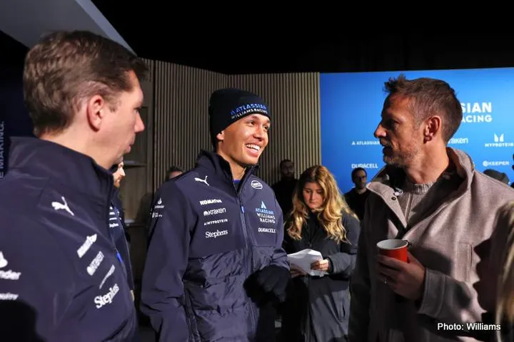 (L to R): James Vowles (GBR) Williams Racing Team Principal with Alexander Albon (THA) Williams Racing and Jenson Button (GBR) Sky Sports F1 Presenter / Williams Racing Senior Advisor. Formula One World Championship, Atlassian Williams Racing FW47 Launch, Silverstone, England, Friday 14th February 2025.