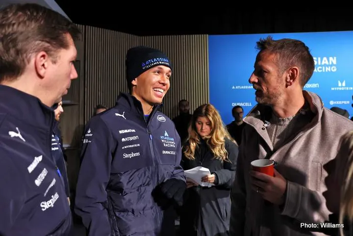 (L to R): James Vowles (GBR) Williams Racing Team Principal with Alexander Albon (THA) Williams Racing and Jenson Button (GBR) Sky Sports F1 Presenter / Williams Racing Senior Advisor. Formula One World Championship, Atlassian Williams Racing FW47 Launch, Silverstone, England, Friday 14th February 2025.