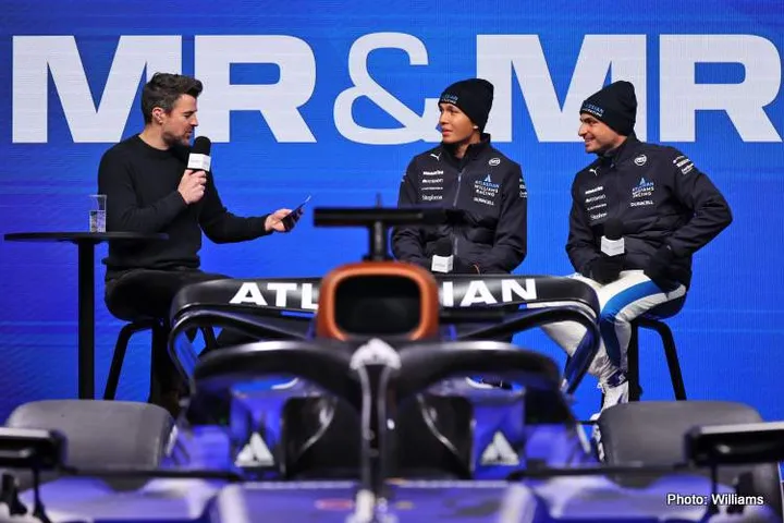 (L to R): Steve Jones (GBR) Channel 4 F1 Presenter with Alexander Albon (THA) Williams Racing and Carlos Sainz (ESP) Williams Racing. Formula One World Championship, Atlassian Williams Racing FW47 Launch, Silverstone, England, Friday 14th February 2025.