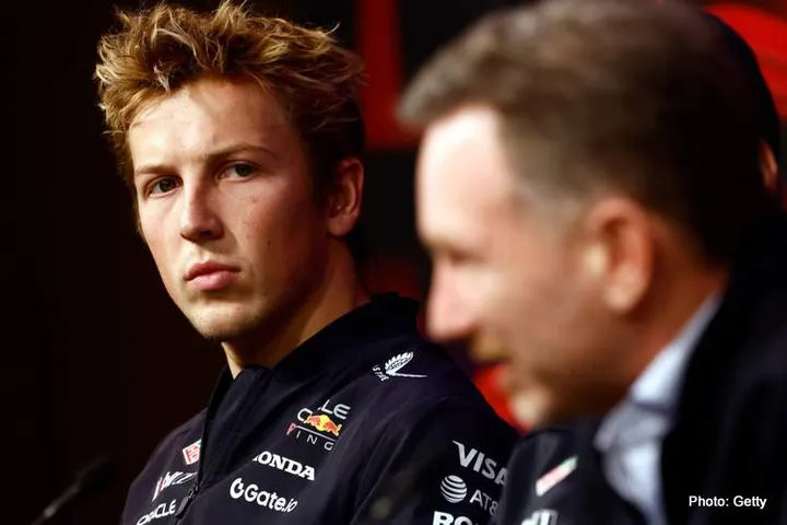 LONDON, ENGLAND - FEBRUARY 18: Liam Lawson of New Zealand and Oracle Red Bull Racing looks on during a press conference prior to F1 75 Live at InterContinental London O2 on February 18, 2025 in London, England. (Photo by Zak Mauger/Getty Images) // Getty Images / Red Bull Content Pool // SI202502180570 // Usage for editorial use only //
