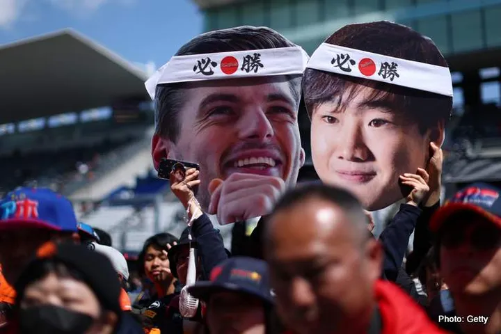 SUZUKA, JAPAN - APRIL 03: Fans of Max Verstappen of the Netherlands and Oracle Red Bull Racing and Yuki Tsunoda of Japan and Oracle Red Bull Racing during previews ahead of the F1 Grand Prix of Japan at Suzuka Circuit on April 03, 2025 in Suzuka, Japan. (Photo by Clive Rose/Getty Images) // Getty Images / Red Bull Content Pool // SI202504030067 // Usage for editorial use only //