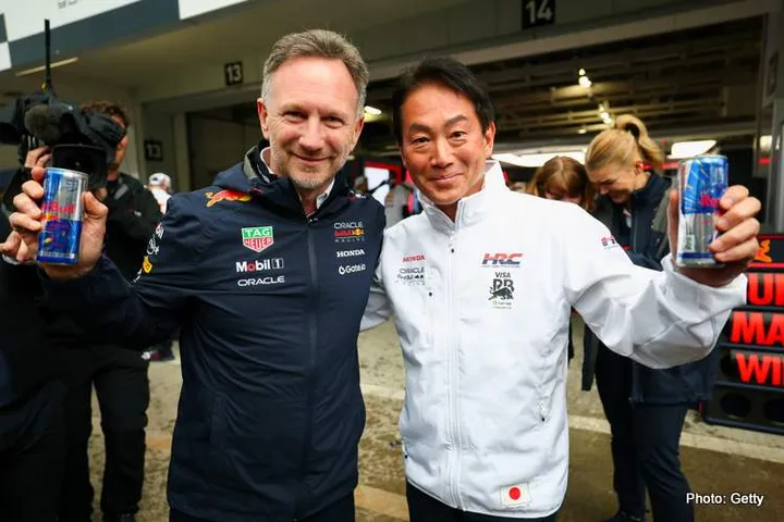 SUZUKA, JAPAN - APRIL 06: Christian Horner, Team Principal of Oracle Red Bull Racing and Koji Watanabe, President of Honda Racing Corporation celebrate after the race during the F1 Grand Prix of Japan at Suzuka Circuit on April 06, 2025 in Suzuka, Japan. (Photo by Mark Thompson/Getty Images) // Getty Images / Red Bull Content Pool // SI202504060324 // Usage for editorial use only //