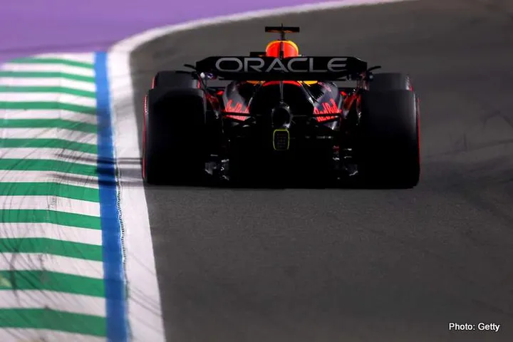 JEDDAH, SAUDI ARABIA - APRIL 18: Max Verstappen of the Netherlands driving the (1) Oracle Red Bull Racing RB21 on track during practice ahead of the F1 Grand Prix of Saudi Arabia at Jeddah Corniche Circuit on April 18, 2025 in Jeddah, Saudi Arabia. (Photo by Alex Pantling/Getty Images) // Getty Images / Red Bull Content Pool // SI202504181168 // Usage for editorial use only //