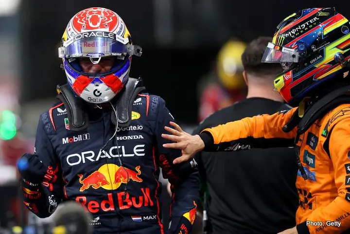 JEDDAH, SAUDI ARABIA - APRIL 19: Pole position qualifier Max Verstappen of the Netherlands and Oracle Red Bull Racing and Second placed qualifier Oscar Piastri of Australia and McLaren in parc ferme during qualifying ahead of the F1 Grand Prix of Saudi Arabia at Jeddah Corniche Circuit on April 19, 2025 in Jeddah, Saudi Arabia. (Photo by Alex Pantling/Getty Images) // Getty Images / Red Bull Content Pool // SI202504190290 // Usage for editorial use only //