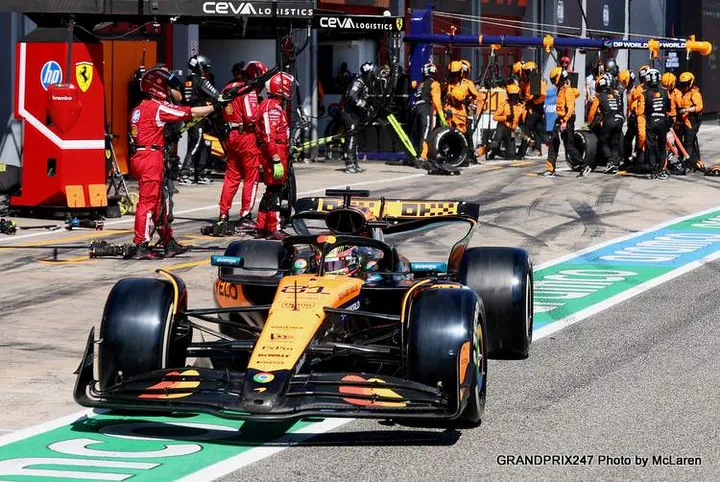 IMOLA, ITALY - MAY 18: Oscar Piastri of Australia driving the (81) McLaren MCL39 Mercedes makes a pitstop during the F1 Grand Prix of Emilia-Romagna at Autodromo Internazionale Enzo e Dino Ferrari on May 18, 2025 in Imola, Italy. (Photo by Steven Tee/LAT Images)