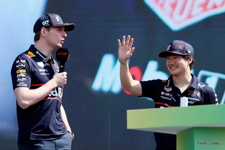 JEDDAH, SAUDI ARABIA - APRIL 19: Max Verstappen of the Netherlands and Oracle Red Bull Racing and Yuki Tsunoda of Japan and Oracle Red Bull Racing on stage during final practice ahead of the F1 Grand Prix of Saudi Arabia at Jeddah Corniche Circuit on April 19, 2025 in Jeddah, Saudi Arabia. (Photo by Alex Pantling/Getty Images) // Getty Images / Red Bull Content Pool // SI202504190065 // Usage for editorial use only //