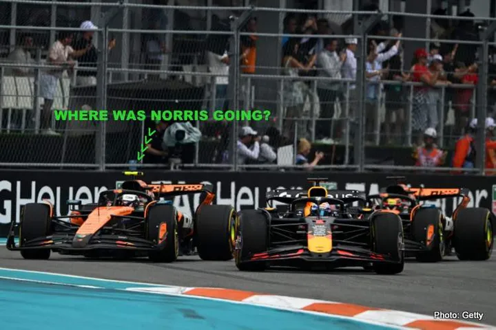 MIAMI, FLORIDA - MAY 04: Max Verstappen of the Netherlands driving the (1) Oracle Red Bull Racing RB21 leads Lando Norris of Great Britain driving the (4) McLaren MCL39 Mercedes Oscar Piastri of Australia driving the (81) McLaren MCL39 Mercedes and the rest of the field at the start during the F1 Grand Prix of Miami at Miami International Autodrome on May 04, 2025 in Miami, Florida. (Photo by Rudy Carezzevoli/Getty Images) // Getty Images / Red Bull Content Pool // SI202505043270 // Usage for editorial use only //
