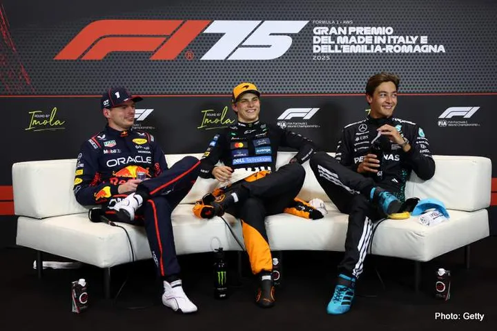 IMOLA, ITALY - MAY 17: Pole position qualifier Oscar Piastri of Australia and McLaren Second placed qualifier Max Verstappen of the Netherlands and Oracle Red Bull Racing and Third placed qualifier George Russell of Great Britain and Mercedes AMG Petronas F1 Team in the Drivers Press Conference during qualifying ahead of the F1 Grand Prix of Emilia-Romagna at Autodromo Internazionale Enzo e Dino Ferrari on May 17, 2025 in Imola, Italy. (Photo by Clive Rose/Getty Images) // Getty Images / Red Bull Content Pool // SI202505170388 // Usage for editorial use only //