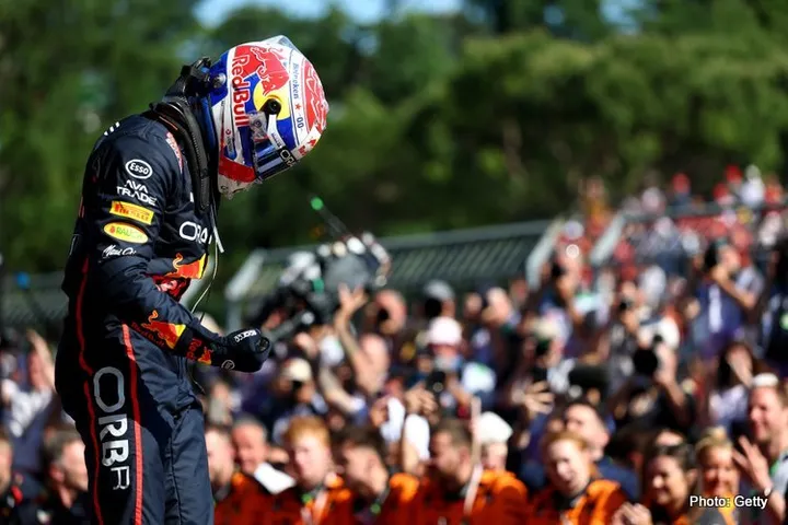 IMOLA, ITALY - MAY 18: Race winner Max Verstappen of the Netherlands and Oracle Red Bull Racing celebrates in parc ferme during the F1 Grand Prix of Emilia-Romagna at Autodromo Internazionale Enzo e Dino Ferrari on May 18, 2025 in Imola, Italy. (Photo by Mark Thompson/Getty Images) // Getty Images / Red Bull Content Pool // SI202505180398 // Usage for editorial Wendlinger: Verstappen will stay at Red Bull if the car remains competitive only //