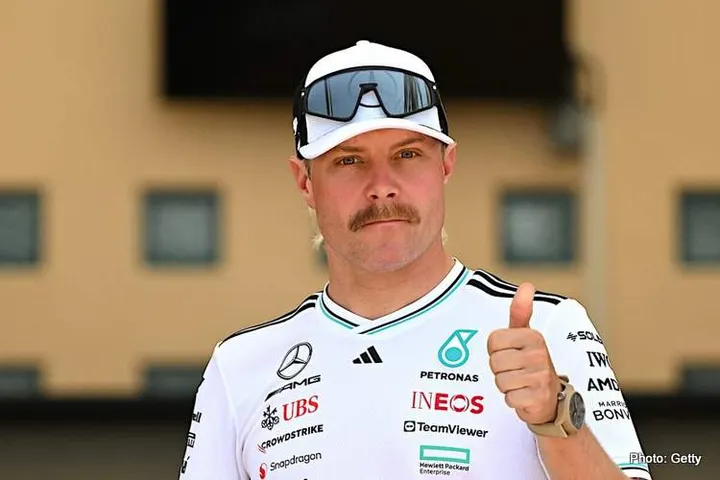 BAHRAIN, BAHRAIN - APRIL 10: Valtteri Bottas of Finland and Mercedes AMG Petronas F1 Team gives a thumbs up in the Paddock during previews ahead of the F1 Grand Prix of Bahrain at Bahrain International Circuit on April 10, 2025 in Bahrain, Bahrain. (Photo by Mark Sutton - Formula 1/Formula 1 via Getty Images)