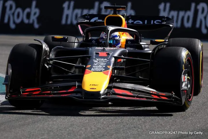 MIAMI, FLORIDA - MAY 02: Max Verstappen of the Netherlands driving the (1) Oracle Red Bull Racing RB21 on track during Sprint qualifying ahead of the F1 Grand Prix of Miami at Miami International Autodrome on May 02, 2025 in Miami, Florida. (Photo by Clive Rose/Getty Images) // Getty Images / Red Bull Content Pool // SI202505021336 // Usage for editorial use only //