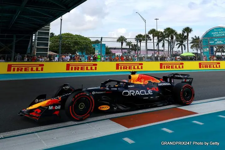 MIAMI, FLORIDA - MAY 03: Max Verstappen of the Netherlands driving the (1) Oracle Red Bull Racing RB21 on track during qualifying ahead of the F1 Grand Prix of Miami at Miami International Autodrome on May 03, 2025 in Miami, Florida. (Photo by Hector Vivas/Getty Images) // Getty Images / Red Bull Content Pool // SI202505030302 // Usage for editorial use only //
