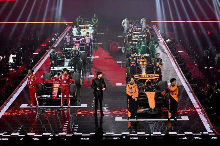 LONDON, ENGLAND - FEBRUARY 18: The 2025 drivers and their cars on stage with Jack Whitehall during F1 75 Live at The O2 Arena on February 18, 2025 in London, England. (Photo by Clive Mason - Formula 1/Formula 1 via Getty Images)