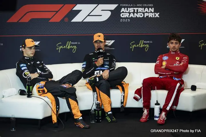 LECLERC Charles (mco), Scuderia Ferrari SF-25, portrait PIASTRI Oscar (aus), McLaren F1 Team MCL39, portrait NORRIS Lando (gbr), McLaren F1 Team MCL39, portrait press conference during the Formula 1 MSC Cruises Austrian Grand Prix 2025, 11th round of the 2025 FIA Formula One World Championship from June 27 to 29, 2025 on the Red Bull Ring, in Spielberg, Austria - Photo Xavier Bonilla / DPPI