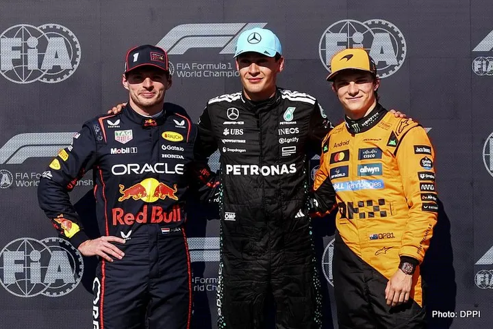 RUSSELL George (gbr), Mercedes AMG F1 Team W16, portrait, celebrating his pole position with VERSTAPPEN Max (ned), Red Bull Racing RB21 and PIASTRI Oscar (aus), McLaren F1 Team MCL39 during the Formula 1 Pirelli Grand Prix du Canada 2025, 10th round of the 2025 FIA Formula One World Championship from June 14 to 16, 2025 on the Circuit Gilles Villeneuve, in Montréal, Canada - Photo Eric Alonso / DPPI
