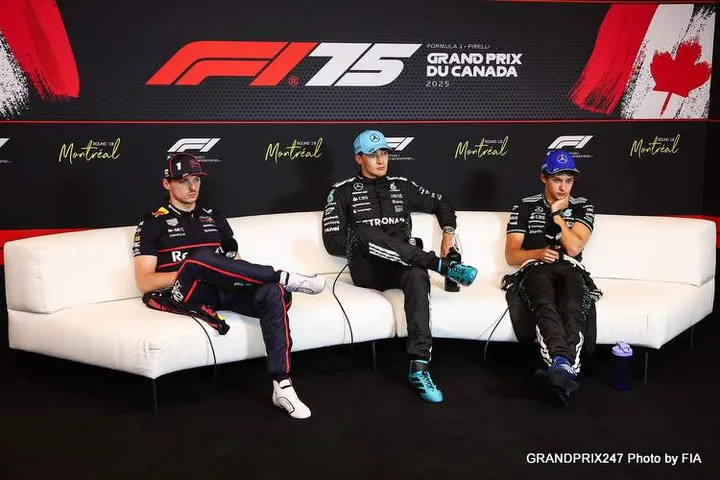 VERSTAPPEN Max (ned), Red Bull Racing RB21, portrait, RUSSELL George (gbr), Mercedes AMG F1 Team W16, portrait and KIMI ANTONELLI Andrea (ita), Mercedes AMG F1 Team W16, portrait press conference during the Formula 1 Pirelli Grand Prix du Canada 2025, 10th round of the 2025 FIA Formula One World Championship from June 14 to 16, 2025 on the Circuit Gilles Villeneuve, in Montréal, Canada - Photo Eric Alonso / DPPI