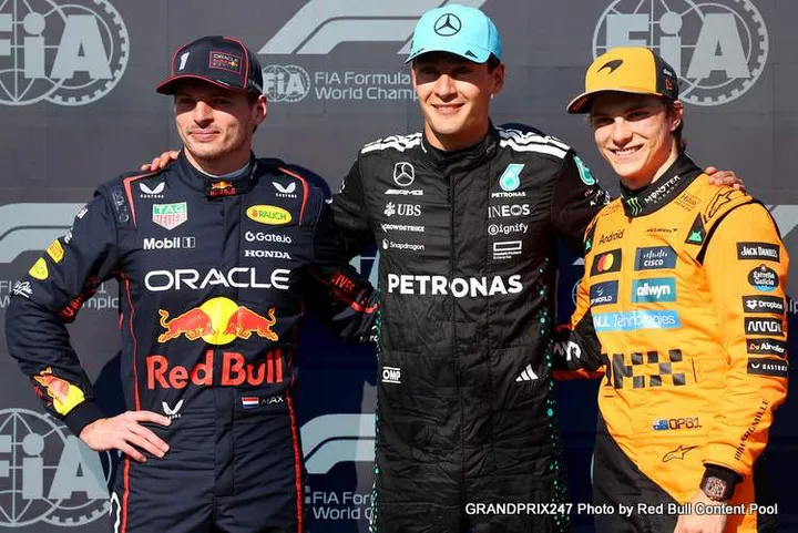 MONTREAL, QUEBEC - JUNE 14: Pole position qualifier George Russell of Great Britain and Mercedes AMG Petronas F1 Team Second placed qualifier Max Verstappen of the Netherlands and Oracle Red Bull Racing and Third placed qualifier Oscar Piastri of Australia and McLaren look on during qualifying ahead of the F1 Grand Prix of Canada at Circuit Gilles-Villeneuve on June 14, 2025 in Montreal, Quebec. (Photo by Andy Hone/LAT Images) // Getty Images / Red Bull Content Pool // SI202506140633 // Usage for editorial use only //