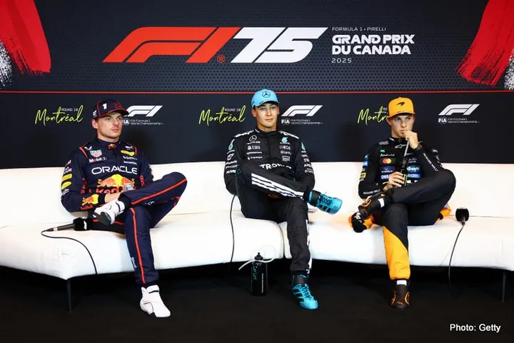 MONTREAL, QUEBEC - JUNE 14: Pole position qualifier George Russell of Great Britain and Mercedes AMG Petronas F1 Team Second placed qualifier Max Verstappen of the Netherlands and Oracle Red Bull Racing and Third placed qualifier Oscar Piastri of Australia and McLaren in the Drivers Press Conference during qualifying ahead of the F1 Grand Prix of Canada at Circuit Gilles-Villeneuve on June 14, 2025 in Montreal, Quebec. (Photo by Clive Rose/Getty Images) // Getty Images / Red Bull Content Pool // SI202506150002 // Usage for editorial use only //