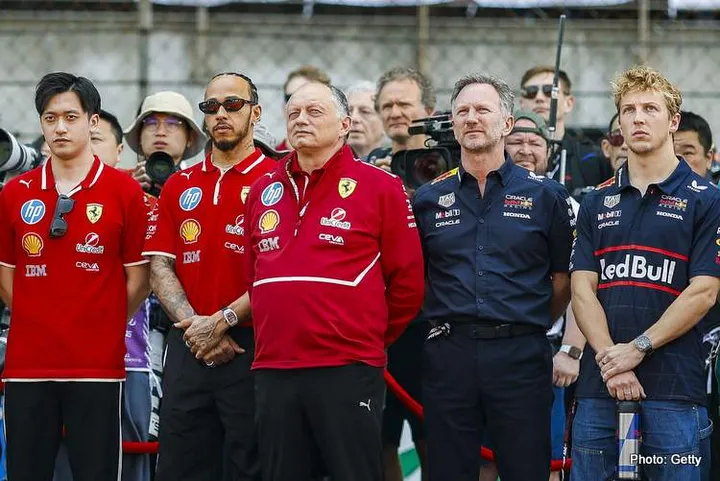 HADJAR Isack (fra), Visa Cash App RB F1 Team VCARB02, MEKIES Laurent (fra), Team Principal of Visa Cash App RB F1 Team, HULKENBERG Nico (ger), Stake F1 Team Kick C45, PIASTRI Oscar (aus), McLaren F1 Team MCL39, WOLFF Toto (aut), Team Principal &amp; CEO of Mercedes AMG F1 Team, DOMENICALI Stefano (ita), Chairman and CEO Formula One Group FOG, STELLA Andrea (ita), Team Principal of McLaren F1 Team, ZHOU Guanyu (chi), Scuderia Ferrari Reserve Driver, HAMILTON Lewis (gbr), Scuderia Ferrari SF-25, VASSEUR Frédéric (fra), Team Principal &amp; General Manager of the Scuderia Ferrari, HORNER Christian (gbr), Team Principal of Red Bull Racing, LAWSON Liam (nzl), Red Bull Racing RB21, KRACK Mike (ger), Chief Trackside Officer of Aston Martin F1 Team, ALBON Alexander (tha), Williams Racing FW47, SAINZ Carlos (spa), Williams Racing FW47, portrait during the Formula 1 Heineken Chinese Grand Prix 2025, 2nd round of the 2025 FIA Formula One World Championship from March 21 to 23, 2025 on the Shanghai International Circuit, in Shanghai, China - Photo Javier Jimenez / DPPI