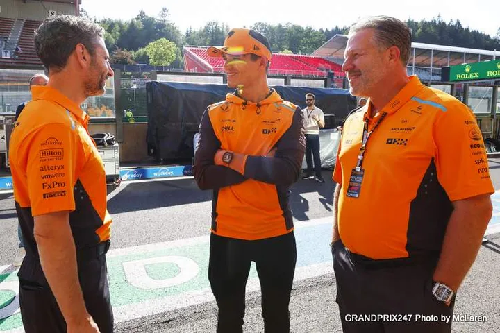 Andrea Stella, Team Principal, McLaren F1 Team, Lando Norris, McLaren F1 Team, and Zak Brown, CEO, McLaren Racing, talk after the race
