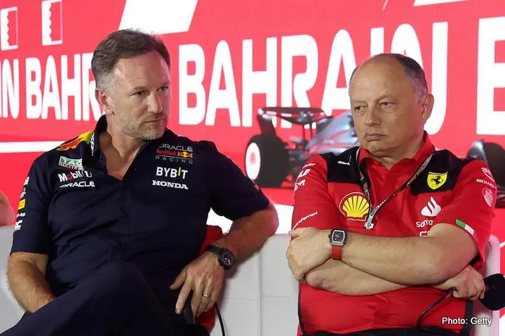 BAHRAIN, BAHRAIN - MARCH 03: (L-R) McLaren Team Principal Andrea Stella, Red Bull Racing Team Principal Christian Horner and Ferrari Team Principal Frederic Vasseur attend the Team Principals Press Conference during practice ahead of the F1 Grand Prix of Bahrain at Bahrain International Circuit on March 03, 2023 in Bahrain, Bahrain. (Photo by Lars Baron/Getty Images) // Getty Images / Red Bull Content Pool // SI202303030936 // Usage for editorial use only //