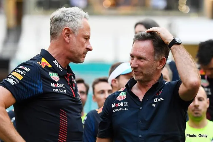 MIAMI, FLORIDA - MAY 07: Red Bull Racing Team Manager Jonathan Wheatley talks with Red Bull Racing Team Principal Christian Horner in the Paddock after the F1 Grand Prix of Miami at Miami International Autodrome on May 07, 2023 in Miami, Florida. (Photo by Rudy Carezzevoli/Getty Images) // Getty Images / Red Bull Content Pool // SI202305080247 // Usage for editorial use only //