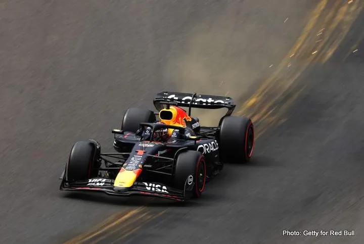 SPA, BELGIUM - JULY 26: Sparks fly behind Max Verstappen of the Netherlands driving the (1) Oracle Red Bull Racing RB21 on track during qualifying ahead of the F1 Grand Prix of Belgium at Circuit de Spa-Francorchamps on July 26, 2025 in Spa, Belgium. (Photo by Ryan Pierse/Getty Images) // Getty Images / Red Bull Content Pool // SI202507261513 // Usage for editorial use only //