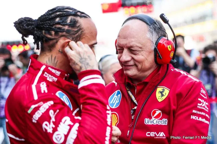 VASSEUR Frédéric (fra), Team Principal &amp; General Manager of the Scuderia Ferrari, portrait and HAMILTON Lewis (gbr), Scuderia Ferrari SF-25, portrait during the Formula 1 Heineken Chinese Grand Prix 2025, 2nd round of the 2025 FIA Formula One World Championship from March 21 to 23, 2025 on the Shanghai International Circuit, in Shanghai, China - Photo Eric Alonso / DPPI