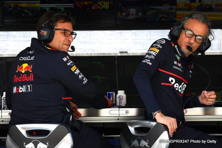BUDAPEST, HUNGARY - AUGUST 02: Pierre Wache, Technical Director of Oracle Red Bull Racing and Laurent Mekies, Team Principal of Oracle Red Bull Racing on the pit wall during final practice ahead of the F1 Grand Prix of Hungary at Hungaroring on August 02, 2025 in Budapest, Hungary. (Photo by Mark Thompson/Getty Images) // Getty Images / Red Bull Content Pool // SI202508021569 // Usage for editorial use only //