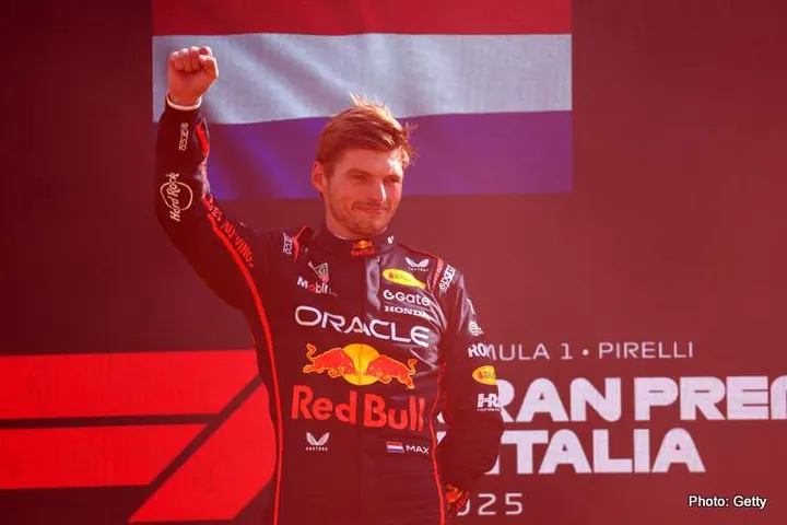 MONZA, ITALY - SEPTEMBER 07: Race winner Max Verstappen of the Netherlands and Oracle Red Bull Racing celebrates on the podium during the F1 Grand Prix of Italy at Autodromo Nazionale Monza on September 07, 2025 in Monza, Italy. (Photo by Clive Rose/Getty Images) // Getty Images / Red Bull Content Pool // SI202509070973 // Usage for editorial use only //