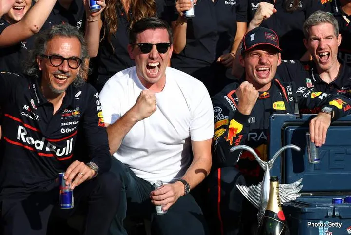 MONZA, ITALY - SEPTEMBER 07: Race winner Max Verstappen of the Netherlands and Oracle Red Bull Racing and the Oracle Red Bull Racing team celebrate victory during the F1 Grand Prix of Italy at Autodromo Nazionale Monza on September 07, 2025 in Monza, Italy. (Photo by Clive Rose/Getty Images) // Getty Images / Red Bull Content Pool // SI202509071210 // Usage for editorial use only //
