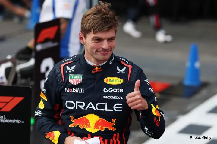 BAKU, AZERBAIJAN - SEPTEMBER 20: Pole position qualifier Max Verstappen of the Netherlands and Oracle Red Bull Racing celebrates in parc ferme during qualifying ahead of the F1 Grand Prix of Azerbaijan at Baku City Circuit on September 20, 2025 in Baku, Azerbaijan. (Photo by Steven Tee/LAT Images) // Getty Images / Red Bull Content Pool // SI202509200328 // Usage for editorial use only //