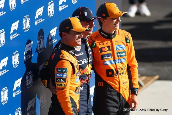 MONZA, ITALY - SEPTEMBER 06: Pole position qualifier Max Verstappen of the Netherlands and Oracle Red Bull Racing Second placed qualifier Lando Norris of Great Britain and McLaren and Third placed qualifier Oscar Piastri of Australia and McLaren during qualifying ahead of the F1 Grand Prix of Italy at Autodromo Nazionale Monza on September 06, 2025 in Monza, Italy. (Photo by Zak Mauger/LAT Images) // Getty Images / Red Bull Content Pool // SI202509060502 // Usage for editorial use only //