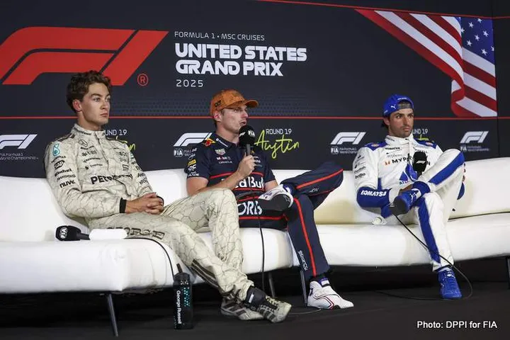 RUSSELL George (gbr), Mercedes AMG F1 Team W16, VERSTAPPEN Max (ned), Red Bull Racing RB21, SAINZ Carlos (spa), Williams Racing FW47, portrait, press conference during the 2025 Formula 1 United States Grand Prix, 19th round of the 2025 FIA Formula One World Championship from October 17 to 19, 2025 on the Circuit of the Americas, in Austin, Texas, United States of America - Photo DPPI / DPPI