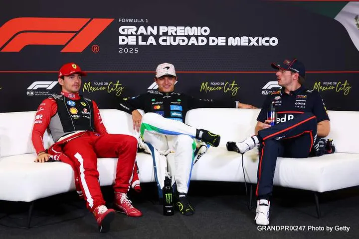 MEXICO CITY, MEXICO - OCTOBER 26: Race winner Lando Norris of Great Britain and McLaren Second placed Charles Leclerc of Monaco and Scuderia Ferrari and Third placed Max Verstappen of the Netherlands and Oracle Red Bull Racing in the Drivers Press Conference during the F1 Grand Prix of Mexico at Autodromo Hermanos Rodriguez on October 26, 2025 in Mexico City, Mexico. (Photo by Clive Rose/Getty Images) // Getty Images / Red Bull Content Pool // SI202510260901 // Usage for editorial use only //