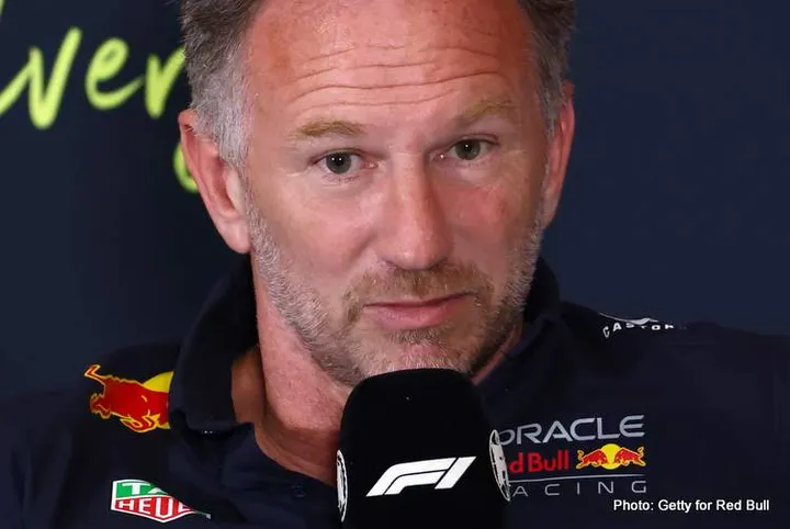 NORTHAMPTON, ENGLAND - JULY 04: Christian Horner, Team Principal of Oracle Red Bull Racing in the Team Principals Press Conference during practice ahead of the F1 Grand Prix of Great Britain at Silverstone Circuit on July 04, 2025 in Northampton, England. (Photo by Clive Rose/Getty Images) // Getty Images / Red Bull Content Pool // SI202507040539 // Usage for editorial use only //