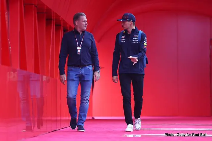 BAKU, AZERBAIJAN - SEPTEMBER 20: Max Verstappen of the Netherlands and Oracle Red Bull Racing and Jos Verstappen arrive in the Paddock prior to final practice ahead of the F1 Grand Prix of Azerbaijan at Baku City Circuit on September 20, 2025 in Baku, Azerbaijan. (Photo by Peter Fox/Getty Images) // Getty Images / Red Bull Content Pool // SI202509200034 // Usage for editorial use only //