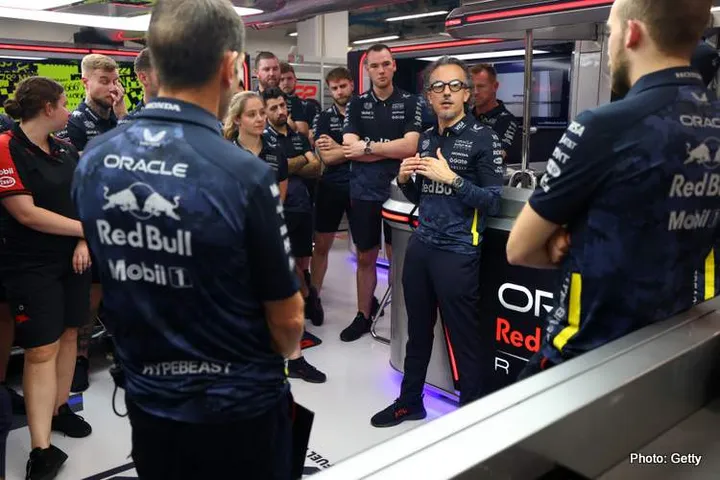 SINGAPORE, SINGAPORE - OCTOBER 02: Laurent Mekies, Team Principal of Oracle Red Bull Racing holds a team meeting in the garage during previews ahead of the F1 Grand Prix of Singapore at Marina Bay Street Circuit on October 02, 2025 in Singapore, Singapore. (Photo by Mark Thompson/Getty Images) // Getty Images / Red Bull Content Pool // SI202510020973 // Usage for editorial use only //