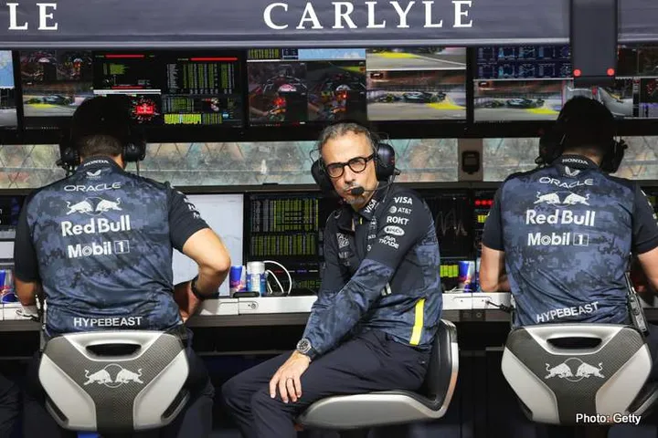 SINGAPORE, SINGAPORE - OCTOBER 03: Laurent Mekies, Team Principal of Oracle Red Bull Racing looks on from the pit wall during practice ahead of the F1 Grand Prix of Singapore at Marina Bay Street Circuit on October 03, 2025 in Singapore, Singapore. (Photo by Sam Bloxham/LAT Images) // Getty Images / Red Bull Content Pool // SI202510030512 // Usage for editorial use only //