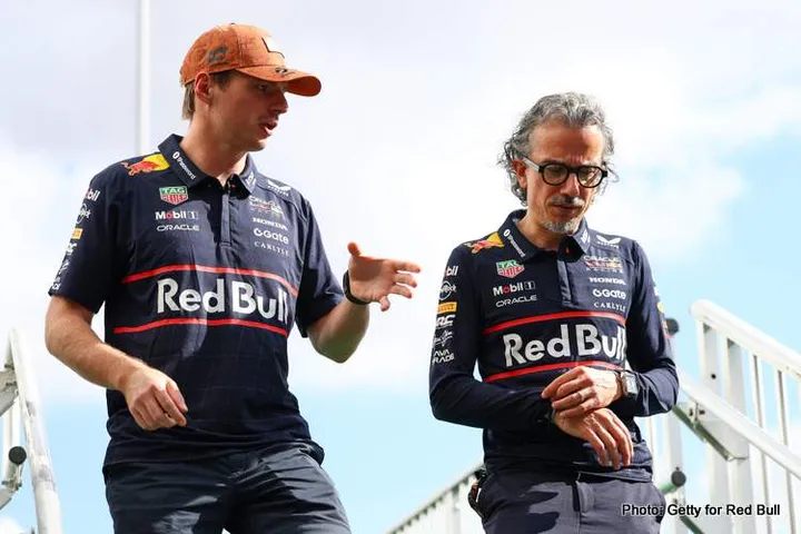 AUSTIN, TEXAS - OCTOBER 17: Max Verstappen of the Netherlands and Oracle Red Bull Racing talks with Laurent Mekies, Team Principal of Oracle Red Bull Racing in the Paddock prior to practice ahead of the F1 Grand Prix of United States at Circuit of The Americas on October 17, 2025 in Austin, Texas. (Photo by Zak Mauger/LAT Images) // Getty Images / Red Bull Content Pool // SI202510171518 // Usage for editorial use only //