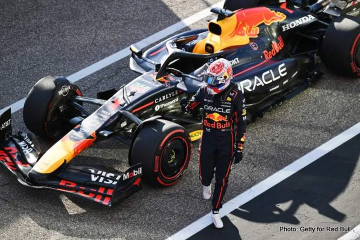 AUSTIN, TEXAS - OCTOBER 17: Sprint Pole qualifier Max Verstappen of the Netherlands and Oracle Red Bull Racing celebrates in parc ferme during Sprint Qualifying ahead of the F1 Grand Prix of United States at Circuit of The Americas on October 17, 2025 in Austin, Texas. (Photo by Sam Bagnall/Sutton Images) // Getty Images / Red Bull Content Pool // SI202510180027 // Usage for editorial use only //