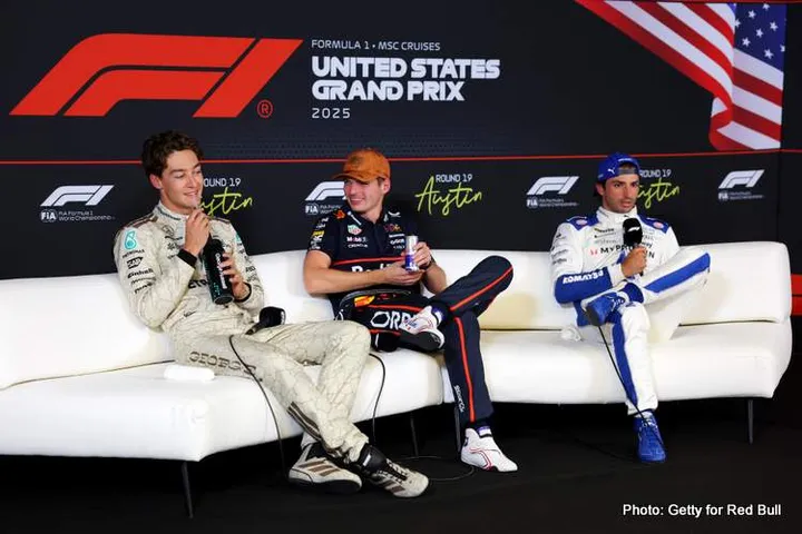 AUSTIN, TEXAS - OCTOBER 18: Sprint winner Max Verstappen of the Netherlands and Oracle Red Bull Racing Second placed George Russell of Great Britain and Mercedes AMG Petronas F1 Team and Third placed Carlos Sainz of Spain and Williams in the Drivers Press Conference during the Sprint ahead of the F1 Grand Prix of United States at Circuit of The Americas on October 18, 2025 in Austin, Texas. (Photo by Clive Rose/Getty Images) // Getty Images / Red Bull Content Pool // SI202510180942 // Usage for editorial use only //
