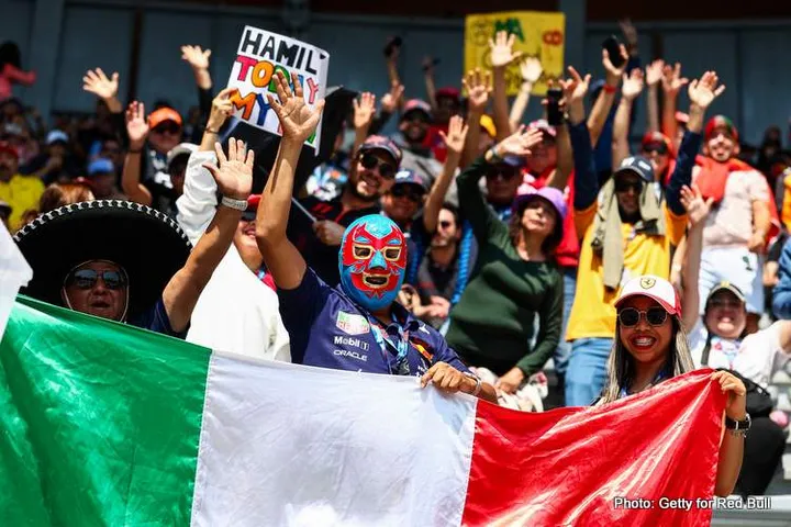 MEXICO CITY, MEXICO - OCTOBER 25: An Oracle Red Bull Racing fan wearing a Lucha Libre mask in a grandstand during final practice ahead of the F1 Grand Prix of Mexico at Autodromo Hermanos Rodriguez on October 25, 2025 in Mexico City, Mexico. (Photo by Peter Fox/Getty Images) // Getty Images / Red Bull Content Pool // SI202510250622 // Usage for editorial use only //